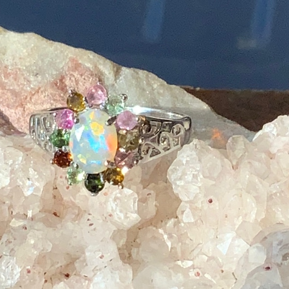 OPAL & TOURMALINE 925 STERLING SILVER RING, SIZE 8.75